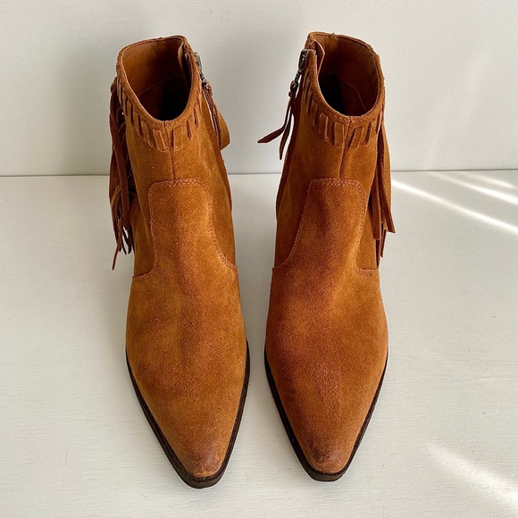 ✨SAM EDELMAN Willice Suede Fringe Heeled Booties Boho - Picture 3 of 12